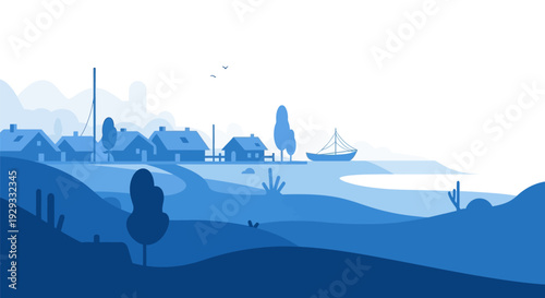 Blue Landscape Illustration with Trees and Buildings.