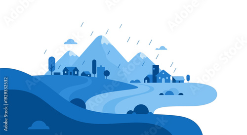 Blue Mountains Landscape Illustration with Clouds.