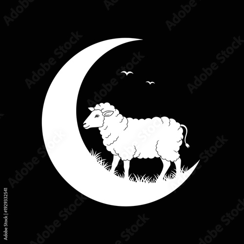 Minimalist graphic illustration of a serene white sheep standing on a crescent moon, with birds flying in the night sky, evoking peaceful dreams and gentle slumber