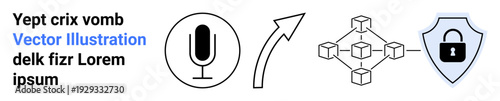 Blockchain technology, cybersecurity, voice recognition, secure data transfer, digital networks, data encryption. Microphone, arrow network nodes and shield with lock. Cybersecurity and voice
