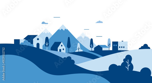 Blue Village Landscape with Mountains and Hills.