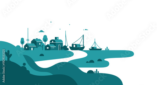 Coastal Town with Boats and Buildings.