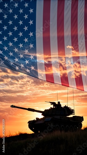 Silhouette of a military tank against a vibrant American flag and sunset background. A dramatic and patriotic composition symbolizing national identity, defense, and military strength at dusk.