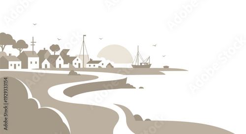 Coastal Village Illustration with Harbour and Buildings.