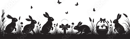 Easter meadow silhouette, Elegant spring border silhouette with adorable bunnies, Easter eggs, and butterflies dancing