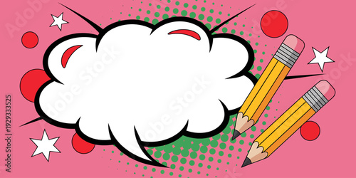 Comic style pencils and speech bubble on pink background with green dots