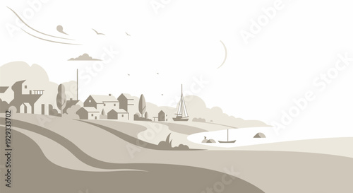 Digital Illustration of Village Landscape Scene.