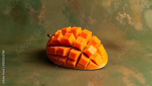 Artfully Cubed Fresh Mango on Rustic Green Surface
