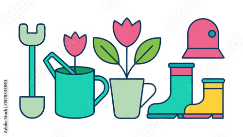 Gardening tools with watering can rubber boots gloves and tulip flowers in flat vector style illustration
