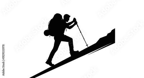 Silhouette of person hiking uphill with backpack and trekking poles depicting adventure and outdoor recreation