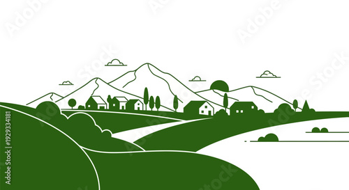 Green Hills and Mountains Landscape Illustration.