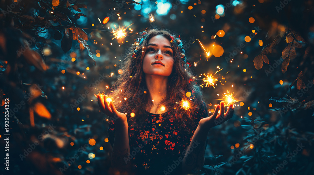 Obraz premium Beautiful Woman with Glowing Magic Particles in an Enchanted Forest at Night