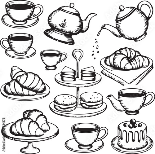 Black and white illustration of assorted tea time treats and beverages