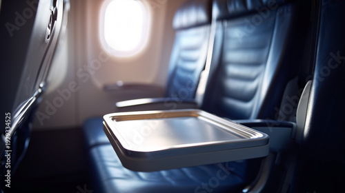 A blue airplane seat with a tray in front of it