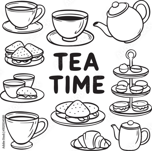 Tea time illustration with teacups teapot sandwiches and pastries