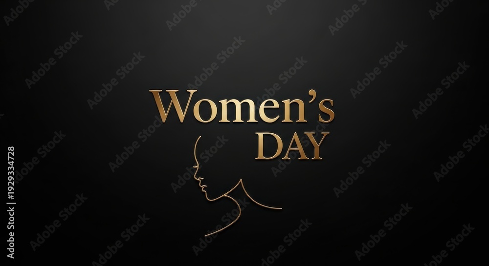 Obraz premium Elegant golden women's day typography with a minimalist female silhouette on a sophisticated black background.