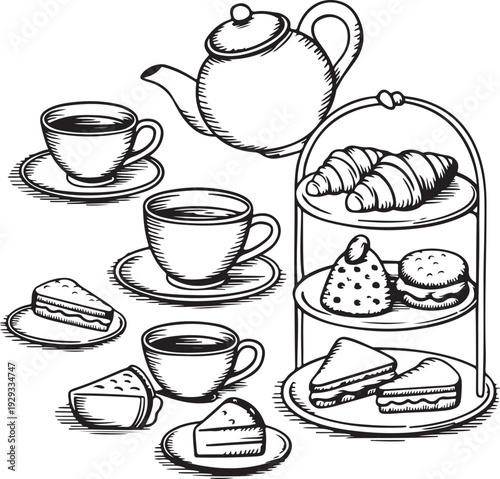 Black and white drawing of tea time with croissants and cakes