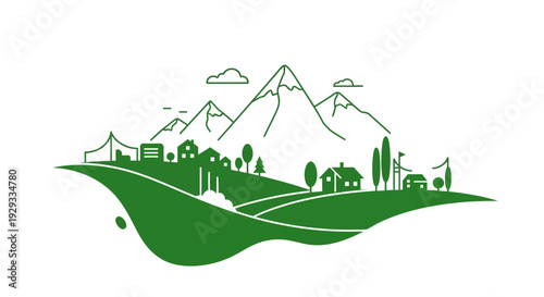 Green Landscape with Mountains and Village.