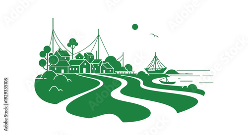 Green Vector Illustration of Village Landscape.