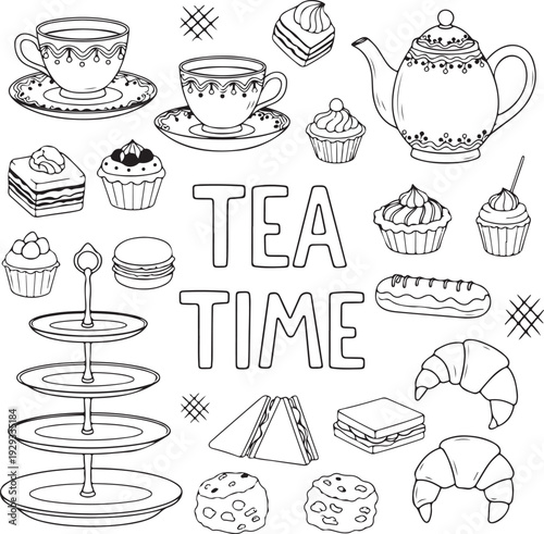 Tea time illustration with various tea party items