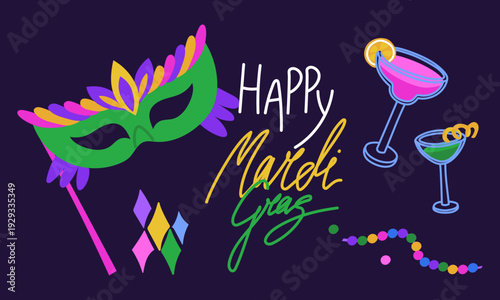 Mardi Gras carnival horizontal banner with festive cocktails and green masquerade mask. Flat illustration for fat tuesday party posters, holiday greeting cards or festival event invitations