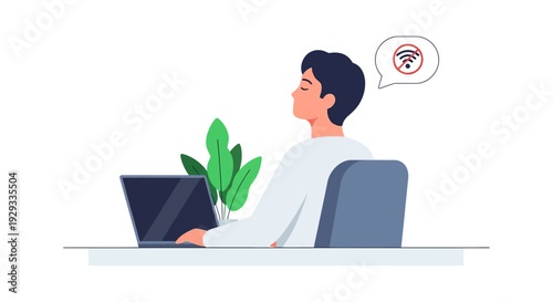 Frustrated Man Experiences No Wi-Fi Connection While Working on Laptop - Internet Problem & Connectivity Issue Concept