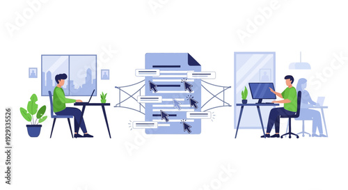 Online Collaboration & Document Editing Workflow. Remote Team Working on Shared Digital Files & Data.