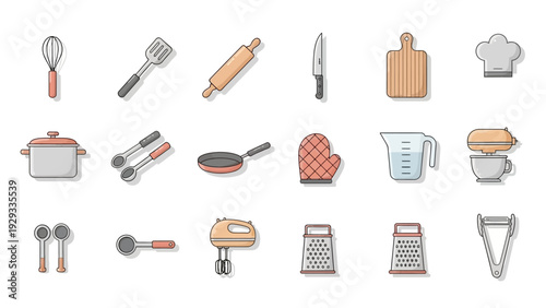 Collection of various kitchen utensils and cooking tools, including pots, pans, spatulas, and whisks, in a flat design style.