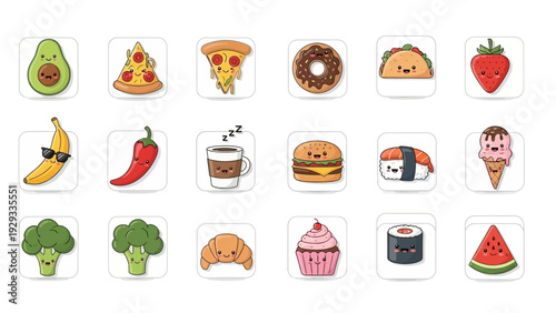 Cute kawaii food icon sticker set with smiling faces on white background.