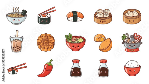 Cute Asian food icon set with smiling ramen, sushi, dumplings, boba, and rice.