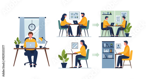 Modern Work Styles Illustration: Remote, Hybrid Office, and Collaboration Concepts for Flexible Business Environments