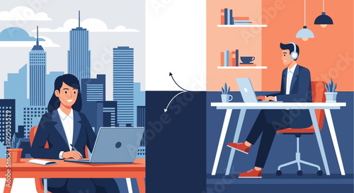 Flexible Work Solutions: Business Professionals in Hybrid Office and Remote Settings