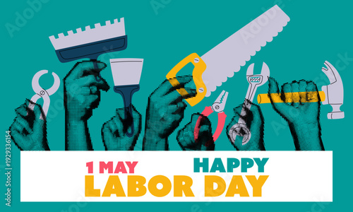 Happy Labor Day horizontal banner with worker hands halfton holding construction tools. Flat illustration for May 1st holiday posters, professional greeting cards or labor union event invitations.