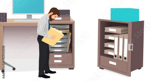 A young 3d cartoon woman in the office holds a business box as an illustration of a worker performing a delivery job concept