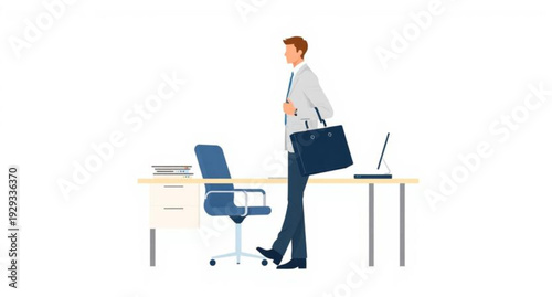 A young woman painting an office wall while sitting at a desk with a laptop, blending creative work and business technology in a flat vector illustration