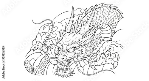 Japanese Dragon Tattoo Design Outline, Mythical Creature, Black and White