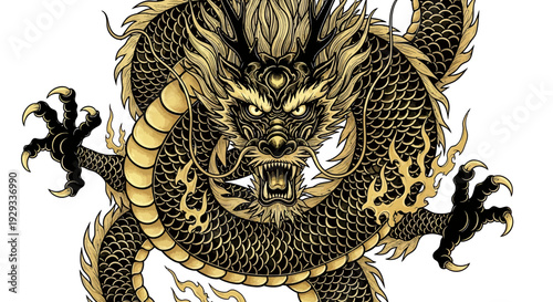 Intricate Golden Chinese Dragon Illustration, Mythical Creature, Asian Mythology