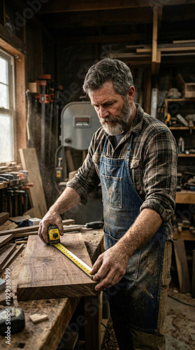 Carpenter Measuring Wood Plank in Rustic Workshop