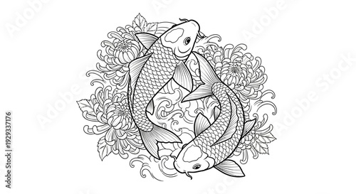 Two Koi Fish Swimming in Circle with Chrysanthemums, Line Art