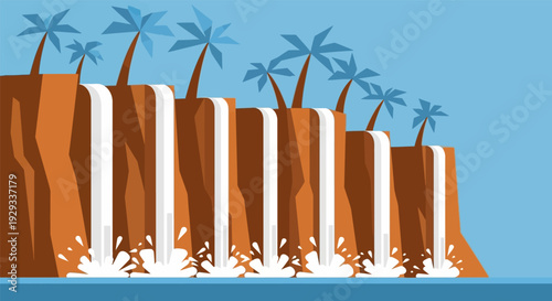 Canvastavla Tropical Cliffside Waterfall with Palm Trees in Vibrant Orange and Blue Colors i