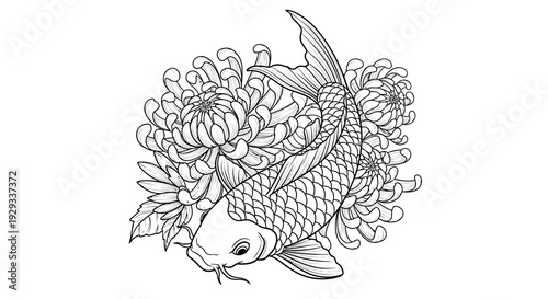 Koi Fish and Chrysanthemum Flowers, Japanese Tattoo Design, Line Art Illustration