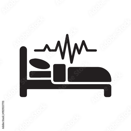 Medical hospital bed icon with heartbeat monitor line, black silhouette vector of patient clinic bed, healthcare facility furniture for emergency room and intensive care