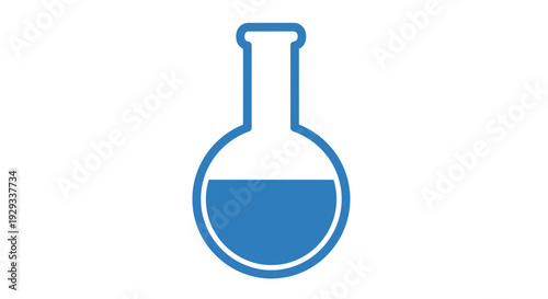 Blue laboratory flask with liquid, scientific experiment icon, clean design