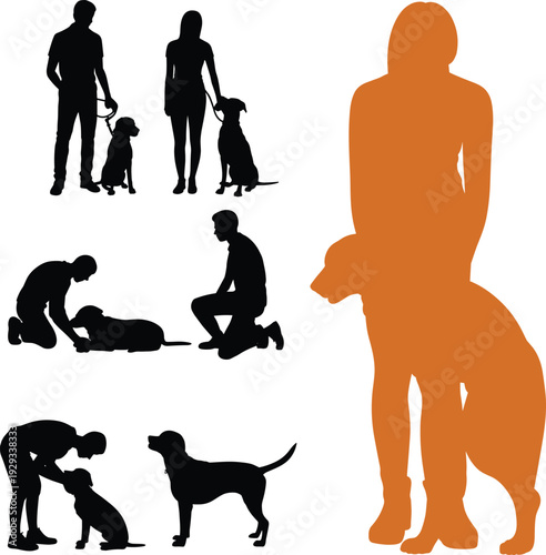Large collection of black and orange silhouettes featuring men and women walking petting and training their dogs in various domestic poses isolated on white