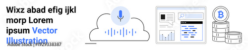 Voice recognition, cryptocurrency, cloud computing, financial technology, data analytics, online transactions. Speech interface in a cloud, analytics dashboard stacked coins. Voice recognition