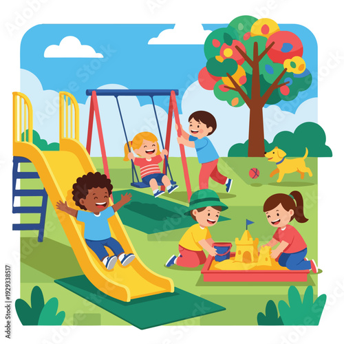 Children playing on a sunny playground. Kids use a swing, slide, sand box