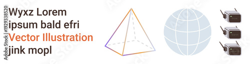 Technology, communication, global networks, wireless connectivity, geometry, data transmission. Features a pyramid, globe and wireless devices. Technology and communication concepts captured