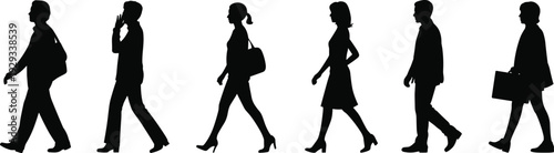 Large collection of black silhouettes featuring diverse men and women walking in various side profile poses isolated on white background for urban lifestyle design