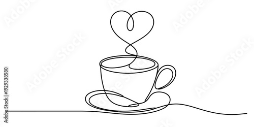Continuous line drawing of a coffee cup on a saucer with heart shaped steam rising up Vector, illustration