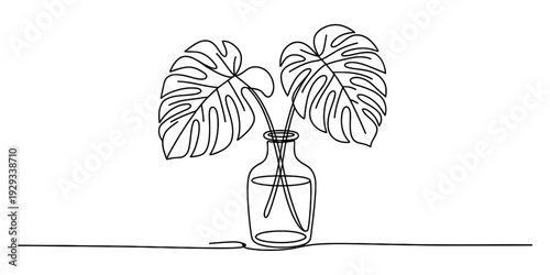 One line drawing of two monstera deliciosa leaves in a glass bottle vase on a table.
